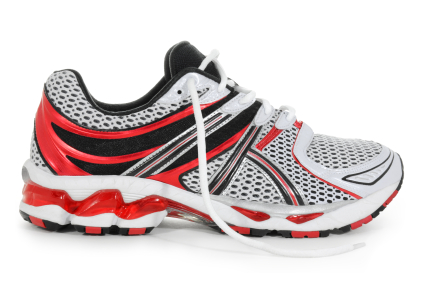 red and white running shoe